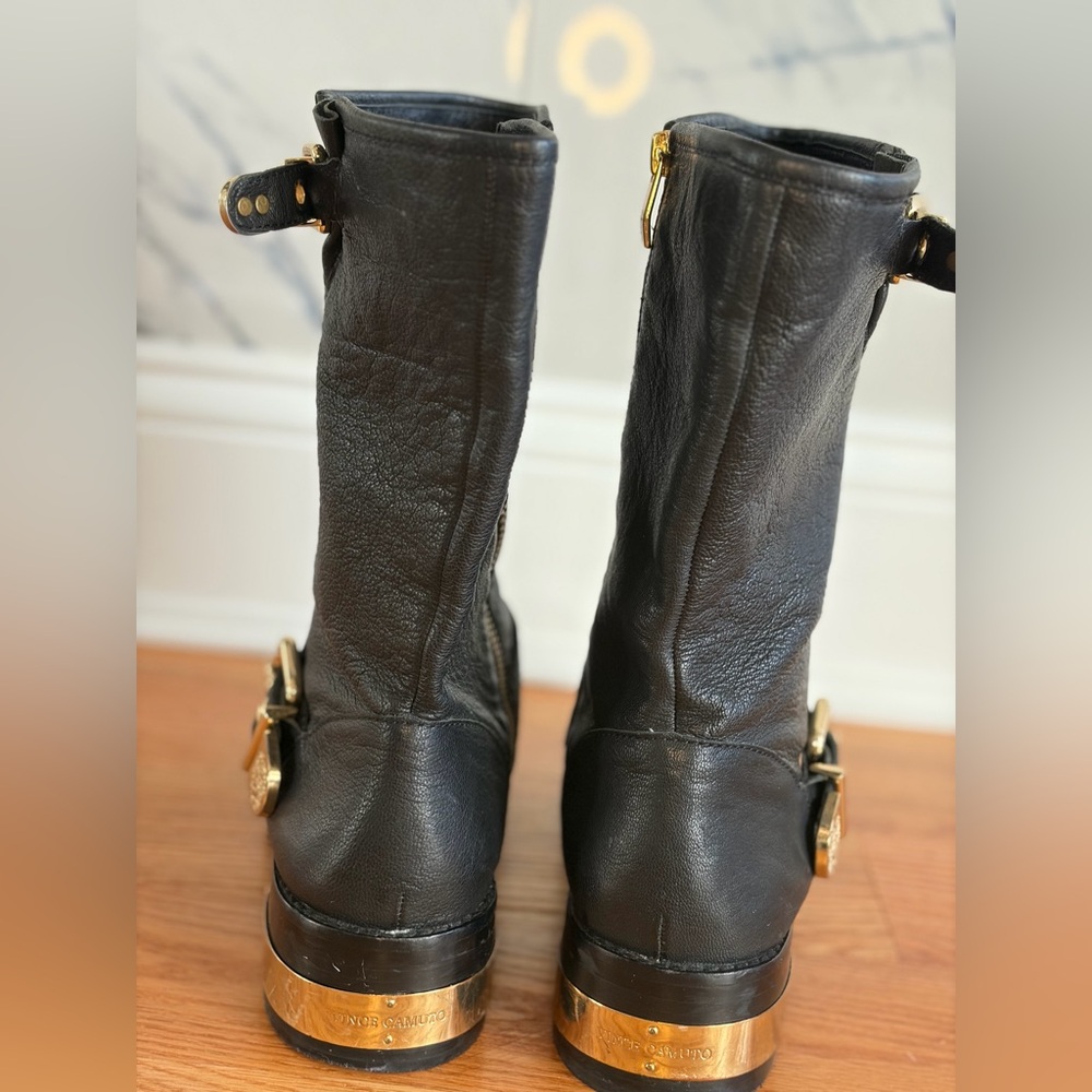 Black Leather Boots with Gold Accents